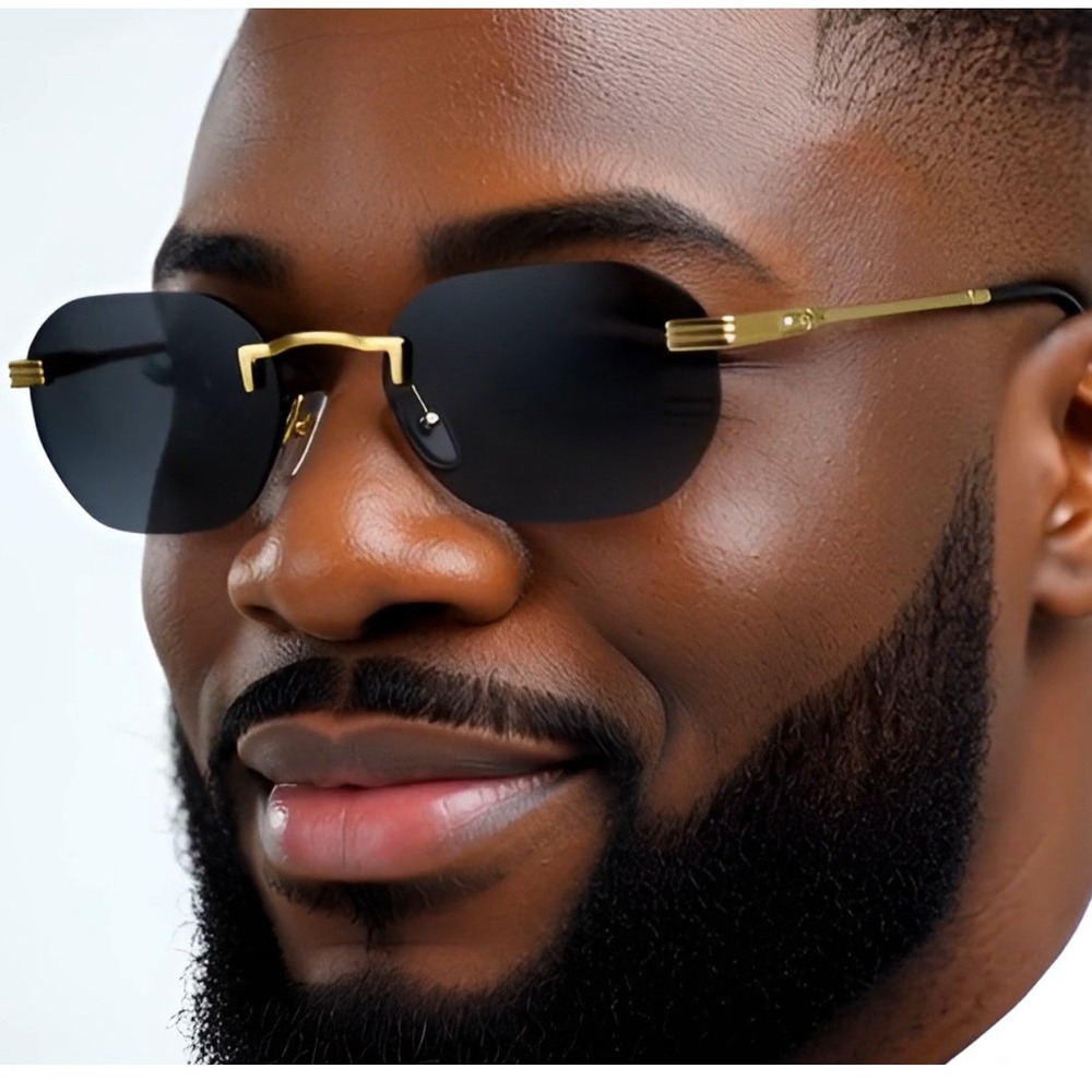 Men's Fashion Shades Rimless Hip Hop Sunglasses Gold Frame Dark Black Lens Gafas